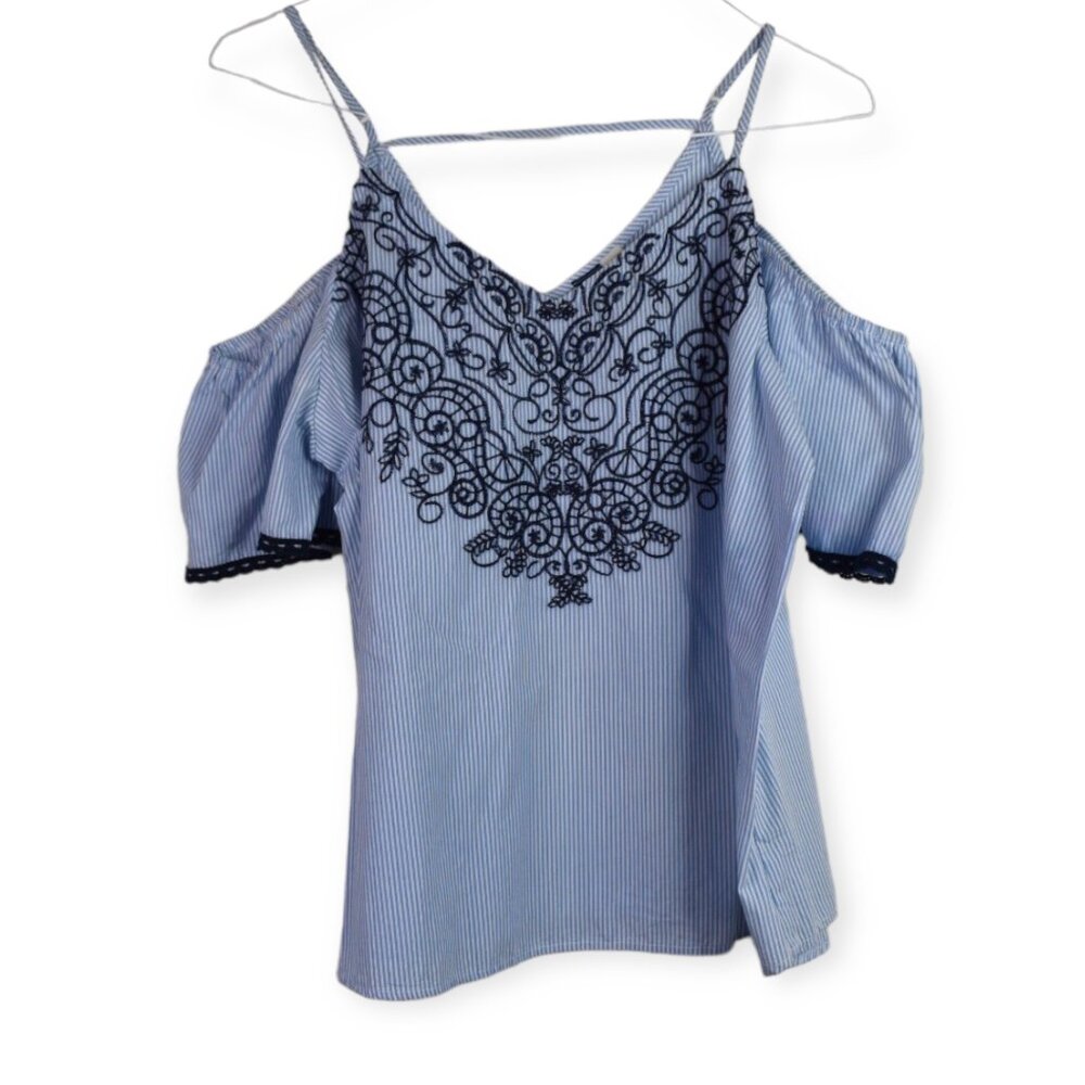 Blue Rain Blouse L Womens Off Shoulder Embroidered Stripe Short Sleeve Cotton
